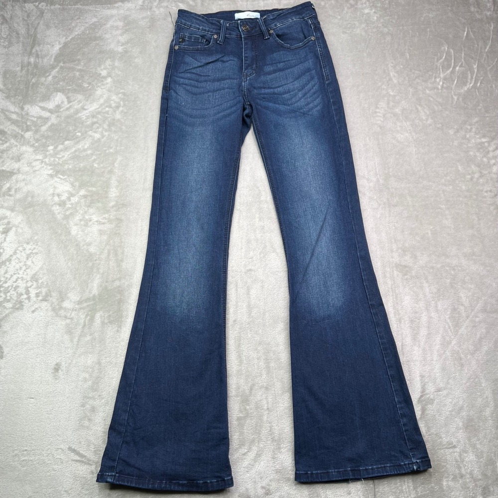 KanCan Flare Jeans Womens 5/26 Dark Wash Stretch Whiskered‎ High Rise Denim